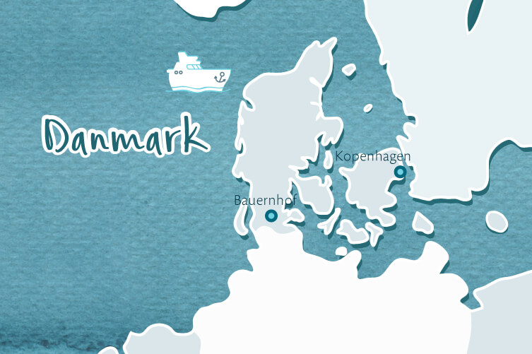 Karte von Dänemark, die zeigt, wo sich der Bauernhof befindet.