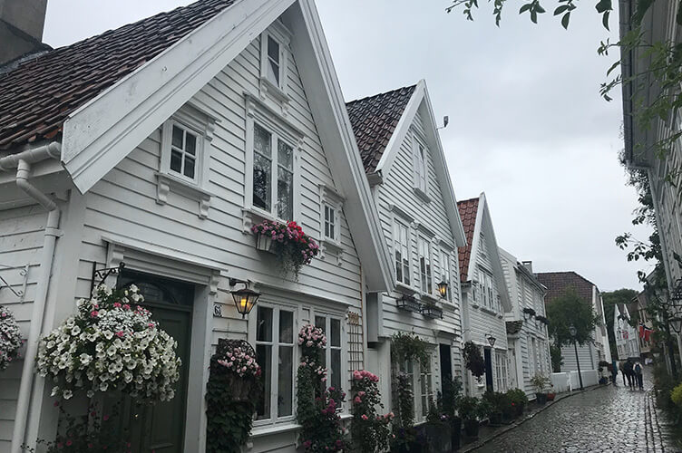 Weiße Holzhäuser mit bunten Blumen stehen in einer Straße dicht nebeneinander.