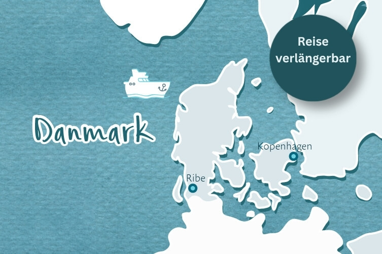 Karte von Dänemark mit den markierten Städten Kopenhagen und Ribe sowie dem Text 'Reise verlängerbar'