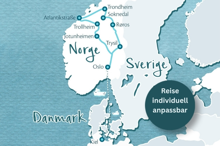 Karte von Dänemark, Norwegen und Schweden mit Reiseroute von Kiel über Oslo, Jotunheimen, Trollheim, Atlantikstraße, Trondheim, Soknedal, Røros und Trysil, dazu der Hinweis 'Reise individuell anpassbar'