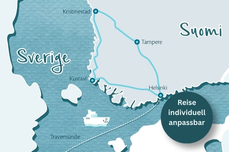 Karte vom Südosten Finnlands mit der eingezeichneten Route der Reise.
