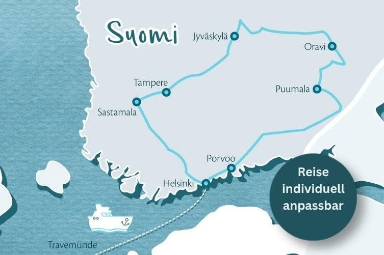 Karte von Südfinnland mit eingezeichneter Route der Reise.