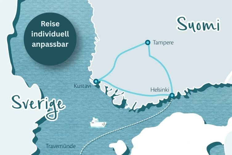 Karte vom Südosten Finnlands mit der eingezeichneten Route der Reise.