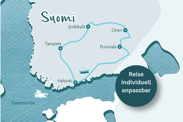 Karte von Südfinnland mit eingezeichneter Route der Reise.