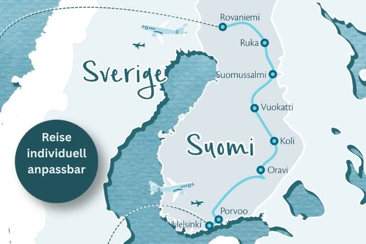 Karte von Finnland mit eingezeichneter Route der Reise.