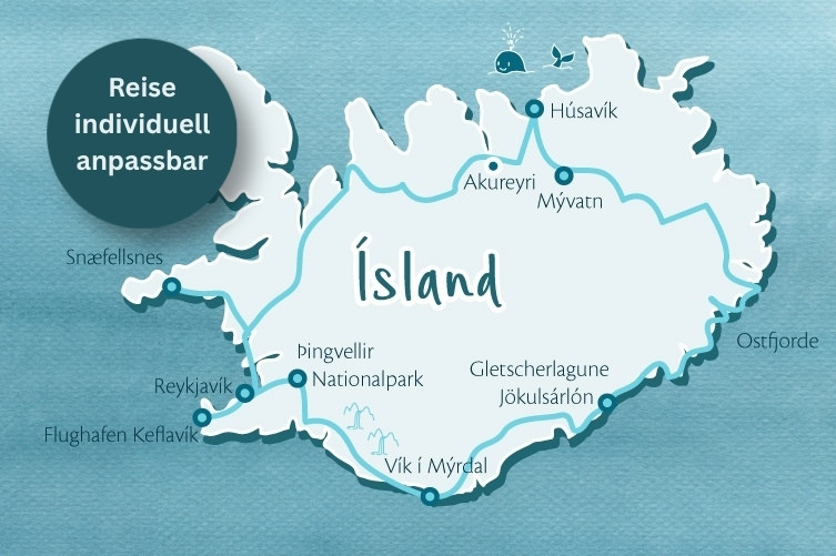 Karte von Island mit markierten Orten und Reiseroute rund um Island.