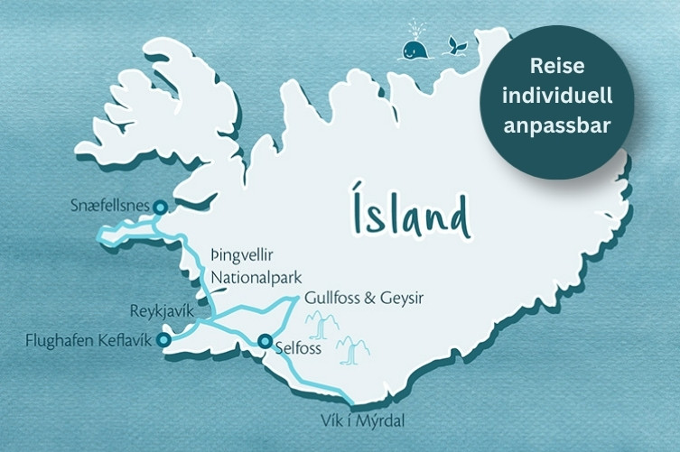 Islandkarte mit eingezeichneter Route der Reise.