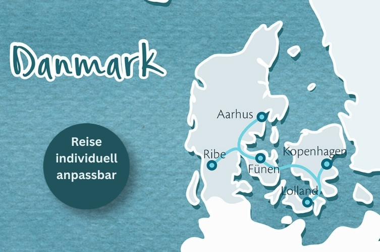 Karte mit eingezeichneter Rundreise in Dänemark