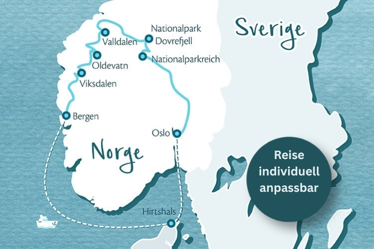 Karte von Zentralnorwegen mit Reiseroute von Bergen über Viksdalen, Oldevatn, Valldalen, Nationalpark Dovrefjell bis Oslo, mit Verbindungen nach Hirtshals und Hinweis auf individuell anpassbare Reise