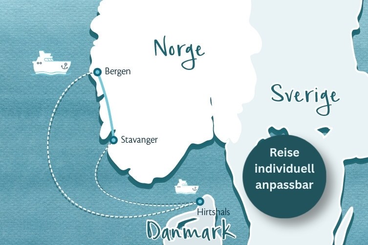Karte mit Küstenlinien von Norwegen, Schweden und Dänemark, markierten Städten Bergen, Stavanger und Hirtshals sowie Schiffsillustrationen und dem Text 'Reise individuell anpassbar'