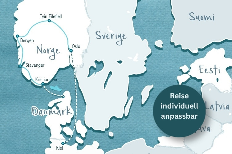 Karte von Südnorwegen, Dänemark, Schweden und angrenzenden Gebieten mit eingezeichneten Städten und Reiserouten