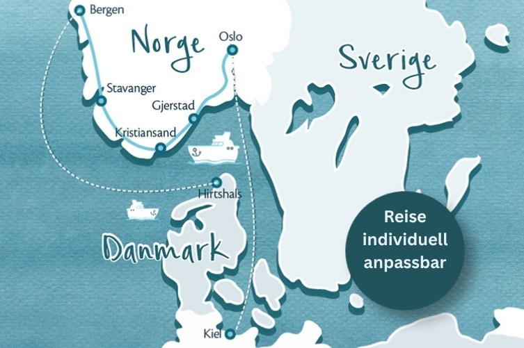 Karte von Teilen Norwegens, Dänemarks und Schwedens mit eingezeichneten Städten, Fährverbindungen und dem Text 'Reise individuell anpassbar'