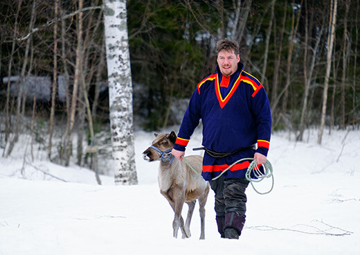 Ein Sami führt ein Rentier durch den Schnee.