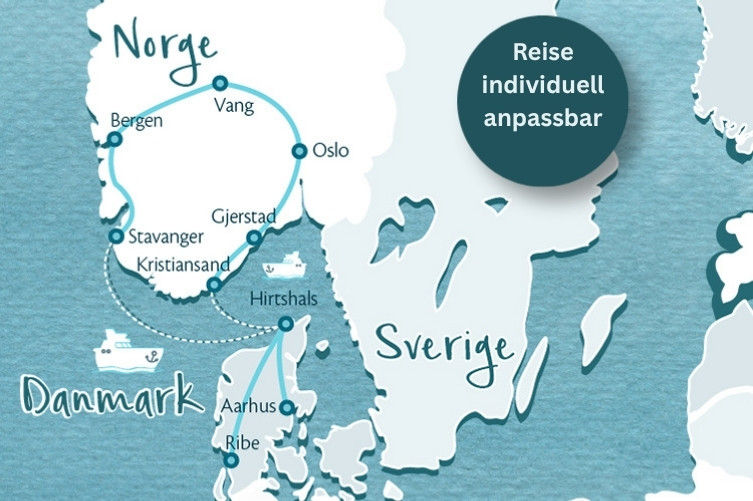 Karte von Dänemark, Norwegen und Schweden mit markierten Städten und einer Reiseroute, dazu ein Kreis mit dem Text 'Reise individuell anpassbar'