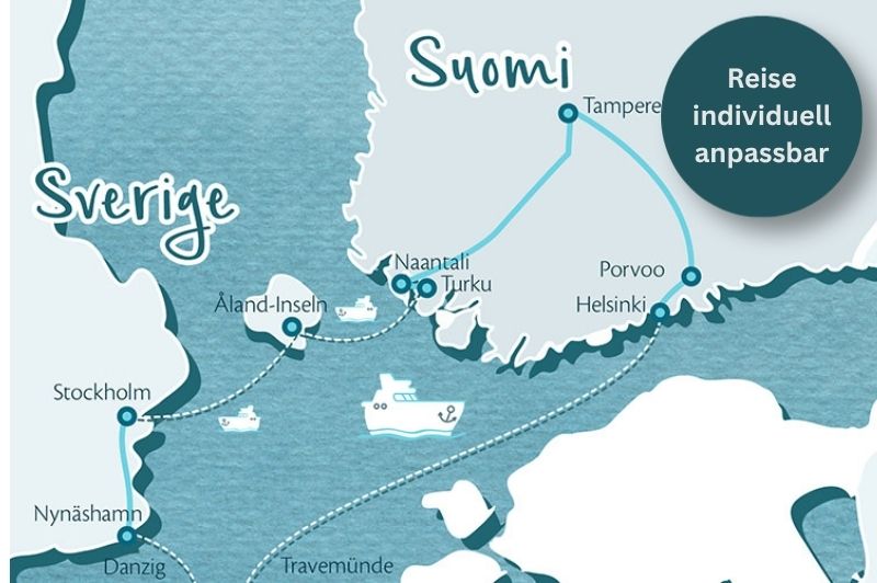 Karte für eine Rundreise nach Schweden und Finnland über die Åland-Inseln