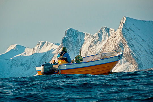 Ein Fischer fährt mit seinem Boot auf das Meer hinaus.