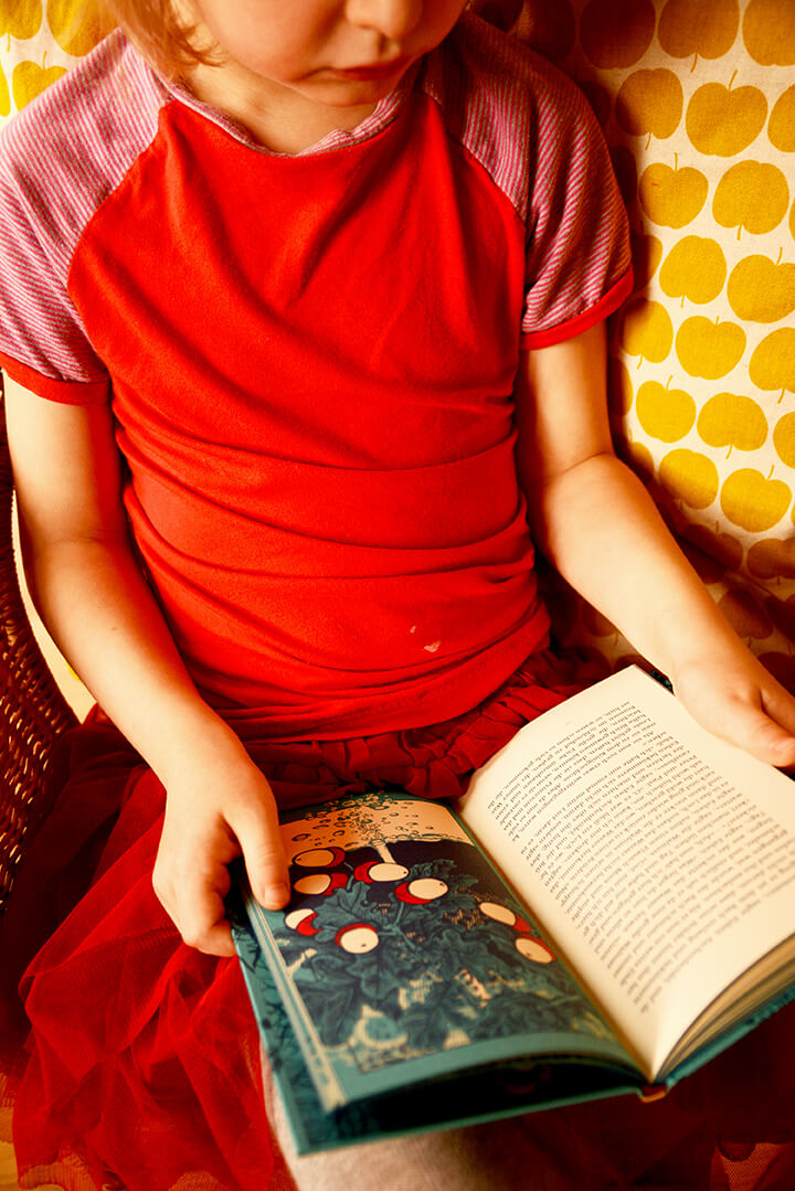 Ein Kind im roten T-Shirt liest das Buch die Puppe im Grase.