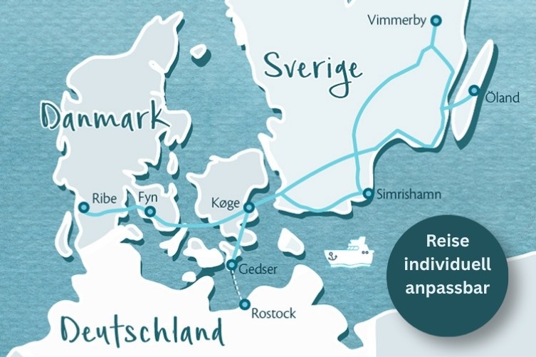 Karte von Dänemark, Südschweden und Norddeutschland mit Städtenamen, Fährverbindung und dem Text 'Reise individuell anpassbar'