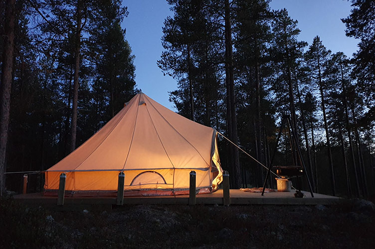 Ein beleuchtetes Zelt nachts im Wald.