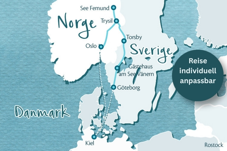 Karte von Skandinavien mit markierten Orten in Norwegen, Schweden und Dänemark sowie dem Text 'Reise individuell anpassbar'