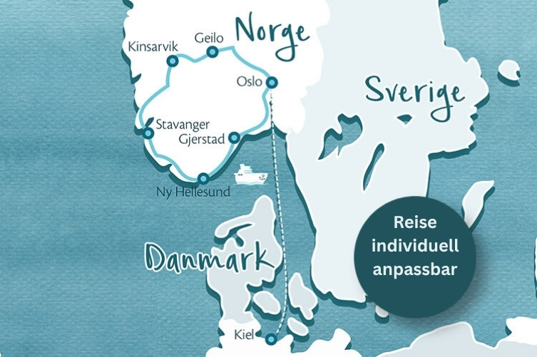 Karte mit Reiseroute von Kiel über Ny Hellesund, Gjerstad, Stavanger, Kinsarvik, Geilo bis Oslo in Norwegen mit Hinweis 'Reise individuell anpassbar'
