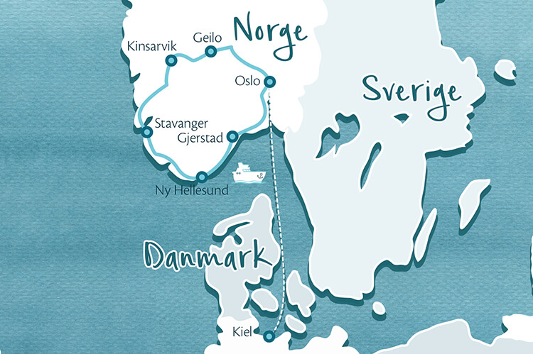 Karte Familienreise durch Norwegens schönen Süden