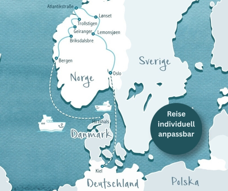 Karte von Skandinavien mit markierten Städten und Reiserouten zwischen Deutschland, Dänemark, Norwegen und Schweden, dazu ein Kreis mit dem Text 'Reise individuell anpassbar'