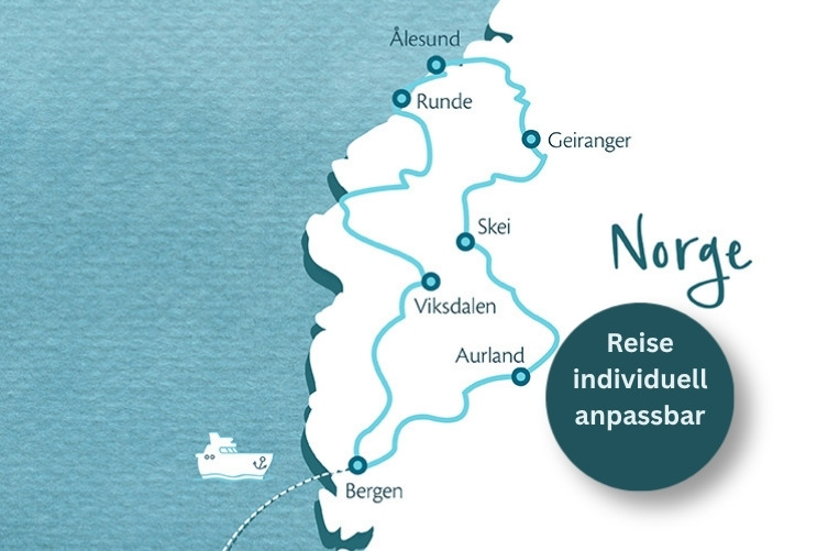 Karte von Fjordnorwegen mit markierten Orten zwischen Bergen und Alesund sowie dem Text 'Reise individuell anpassbar'