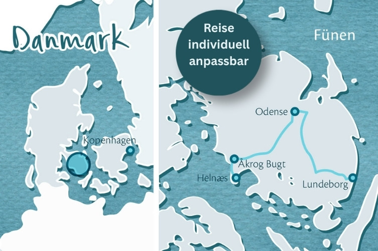 Karte von Dänemark mit Fokus auf die Insel Fünen und markierten Orten Odense, Åkrog Bugt, Helnæs und Lundeborg, mit Hinweis auf individuell anpassbare Reise