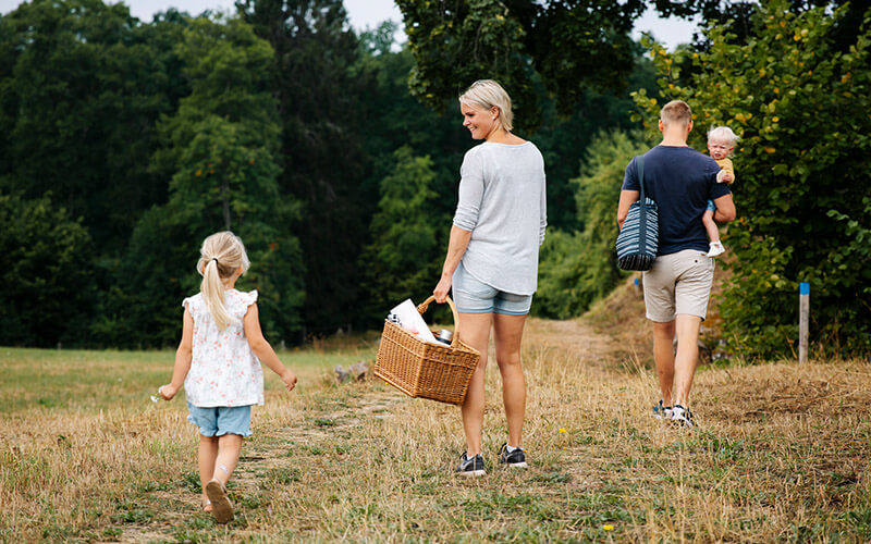 Eine Familie geht über einen Feldweg und hat einen Picknickkorb dabei