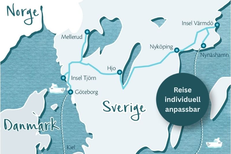 Skandinavienkarte mit Routenverlauf der Reise Entlang Schwedens größter Seen.