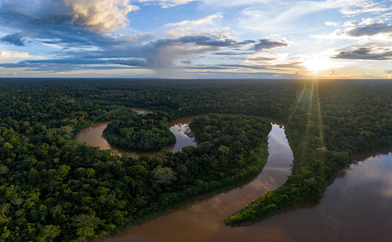 Luftaufnahme eines kurvigen Flusslaufes im Amazonasgebiet