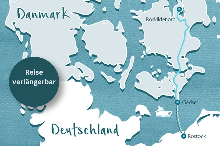 Aquarellkarte von Dänemark mit eingezeichneter Route
