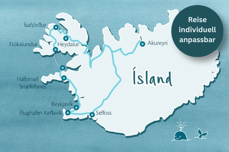 Karte von Island mit markierten Orten und Reiseroute im Westen und Norden