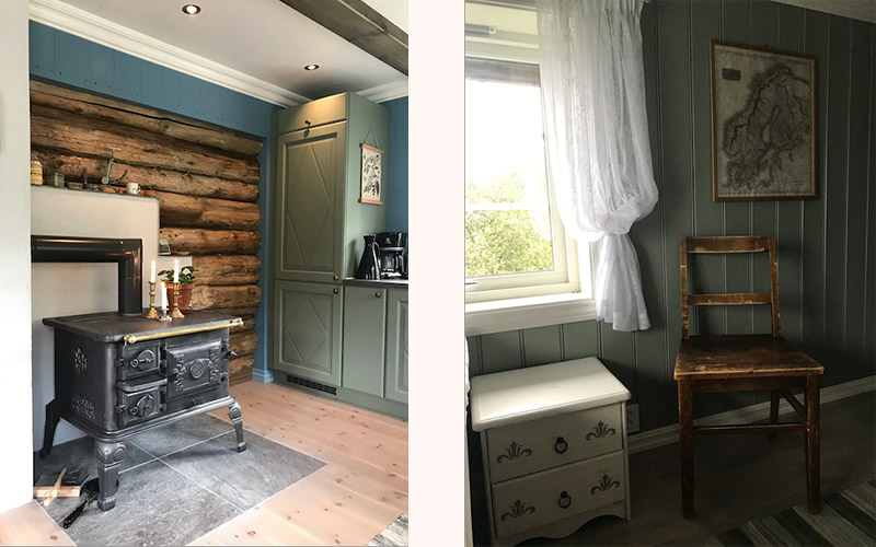 Zwei Innenaufnahmen, auf denen man einen alten Ofen in einer grünen Küche sieht und rechts ein Stuhl neben dem Fenster und bei der weißen altmodischen Kommode.