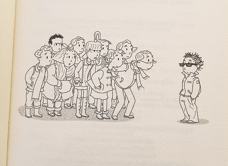Eine Illustration von mehreren Kindern, die in einer Gruppe stehen. Ein einzelner Junge mit Sonnenbrille steht der Gruppe gegenüber.