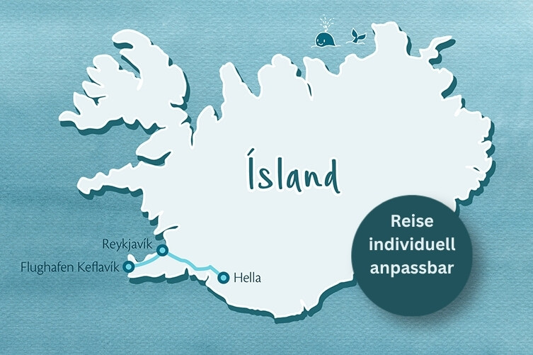 Karte von Island mit markierten Orten Reykjavík, Flughafen Keflavík und Hella sowie dem Hinweis 'Reise individuell anpassbar'