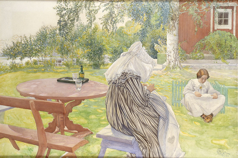 Eine Aquarell Malerei von zwei Frauen, die im Garten sitzen. Eine Frau sitzt am Tisch und stickt während eine Frau im Gras sitzt und liest