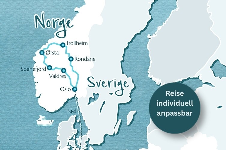 Karte von Norwegen und Schweden mit eingezeichneter Reiseroute von Oslo über Valdres, Sognefjord, Ørsta, Trollheim und Rondane sowie dem Hinweis 'Reise individuell anpassbar'