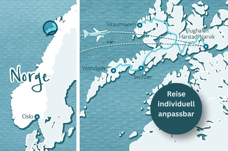 Karte von Norwegen mit Fokus auf die Lofoten-Inseln, markiert sind Oslo, Vestvågøy, Svolvær, Straumsjøen und der Flughafen Harstad/Narvik, dazu eine Flugroute und der Text 'Reise individuell anpassbar'