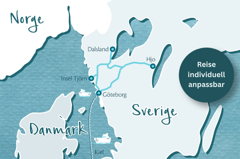 Skandinavienkarte mit einer Route an Schwedens Westküste für eine individuelle Familienreise