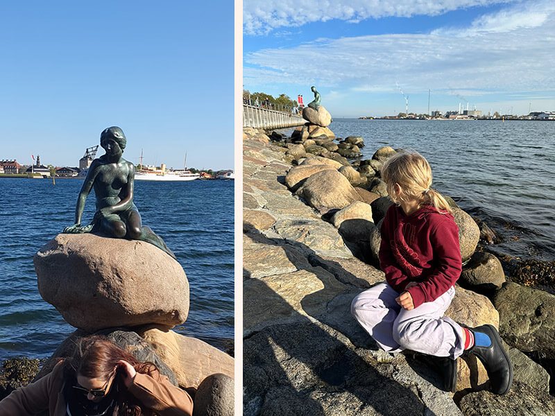 Zwei Bilder: links, die Statue der kleinen Meerjungfrau in Kopenhagen am Wasser. Rechts: ein blondes Mädchen sitzt auf den Steinen bei der Kleinen Meerjungfau und schaut zu ihr.