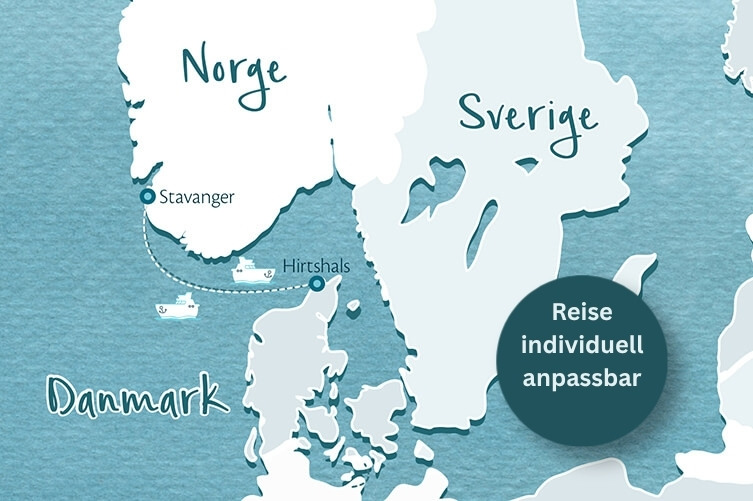 Karte mit Teilen von Norwegen, Schweden und Dänemark, markiert sind Stavanger und Hirtshals, dazu ein Hinweiskreis mit dem Text 'Reise individuell anpassbar'
