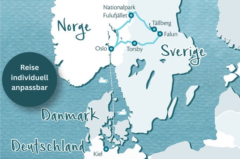 Skandinavienkarte mit dem Routenverlauf einer Rundreise für Familien durch Dalarna in Schweden