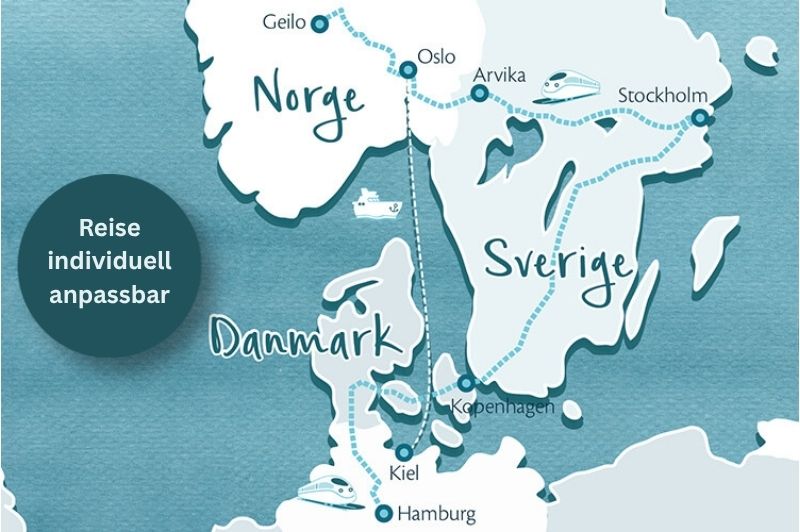 Skandinvienkarte für die Reise mit dem Zug durch Skandinavien. Nachtzug von Deutschland nach Schweden und dann ein Zug nach Norwegen