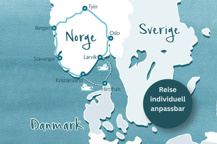 Karte von Südnorwegen, Dänemark und Südschweden mit markierten Städten Bergen, Stavanger, Kristiansand, Larvik, Oslo, Tyin und Hirtshals sowie dem Text 'Reise individuell anpassbar'