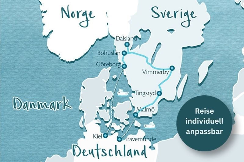 Skandinavienkarte mit Routenverlauf der Reise Schweden mit Hund durch Süd- und Westschweden.