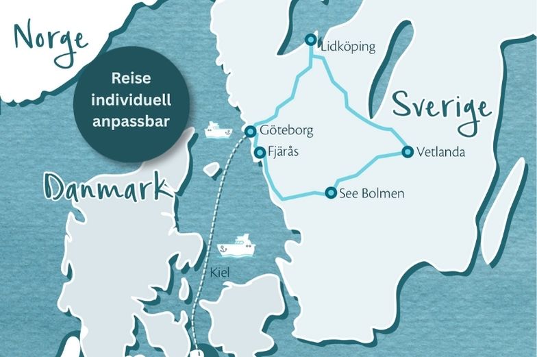 Skandinavienkarte mit Rundreise durch Schweden. Routenverlauf: Start in Göteborg – Lidköping – Vetlanda – Unnaryd – Fjärås – Ende in Göteborg