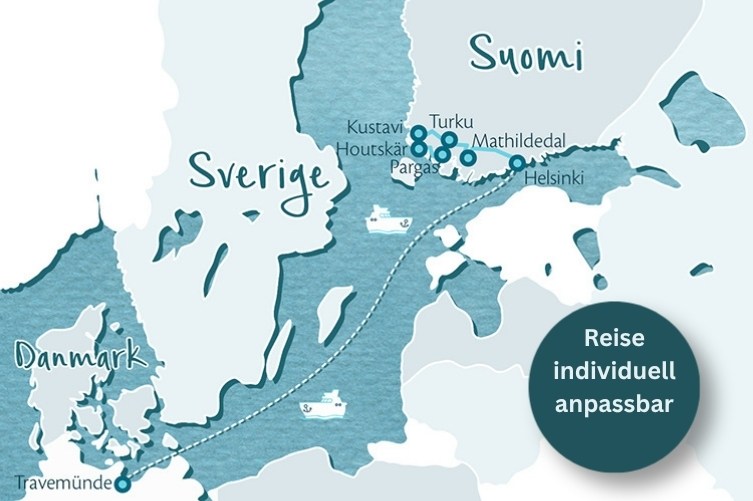Karte von der Ostsee und Südfinnland mit eingezeichneter Route dieser Reise.