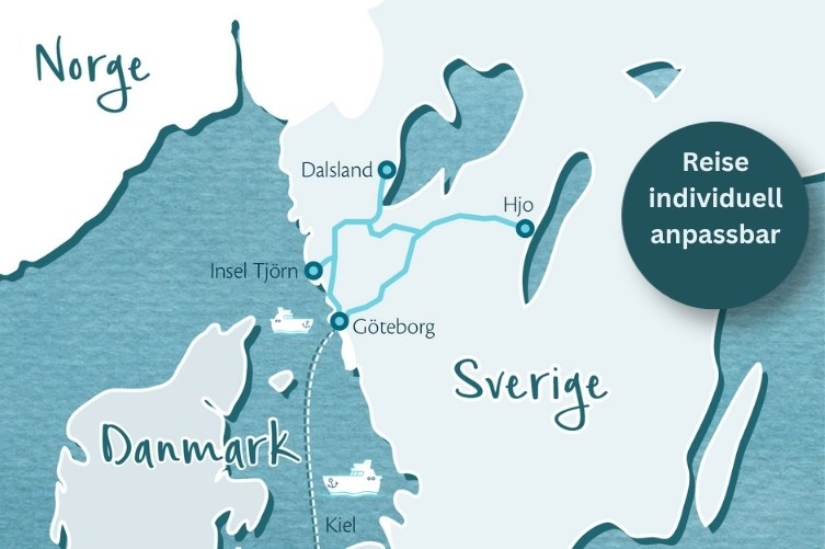 Karte von Südwestschweden und angrenzenden Gebieten mit markierten Orten Göteborg, Dalsland, Hjo, Insel Tjörn, Kiel und Dänemark sowie dem Hinweis 'Reise individuell anpassbar'